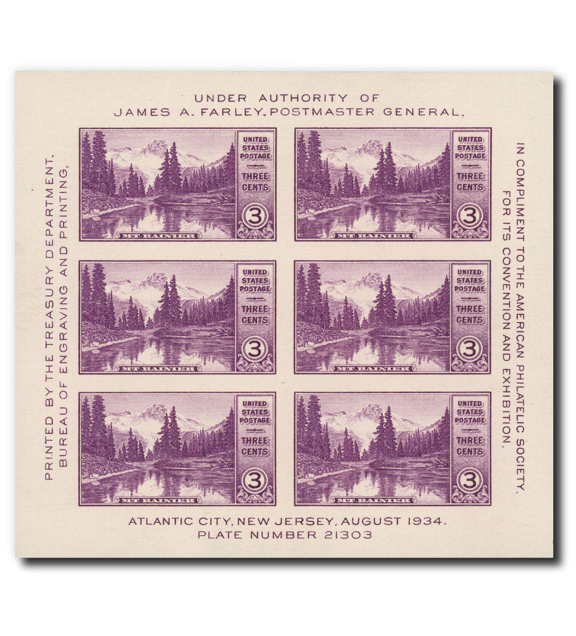 750 - 1934 3c Mt. Rainier, Washington, Purple, Souvenir Sheet