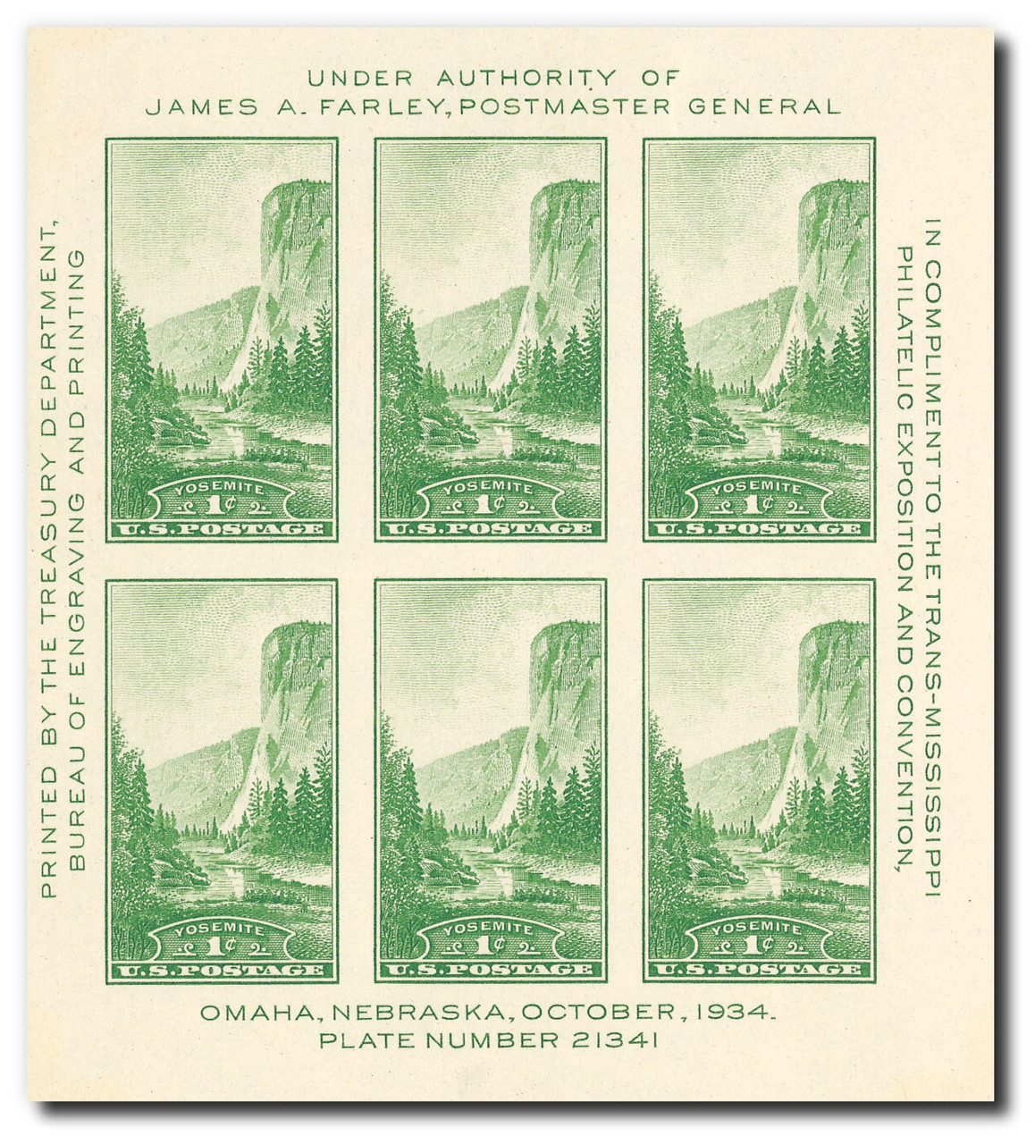 751 - 1934 1c Yosemite, California, Green, Souvenir Sheet