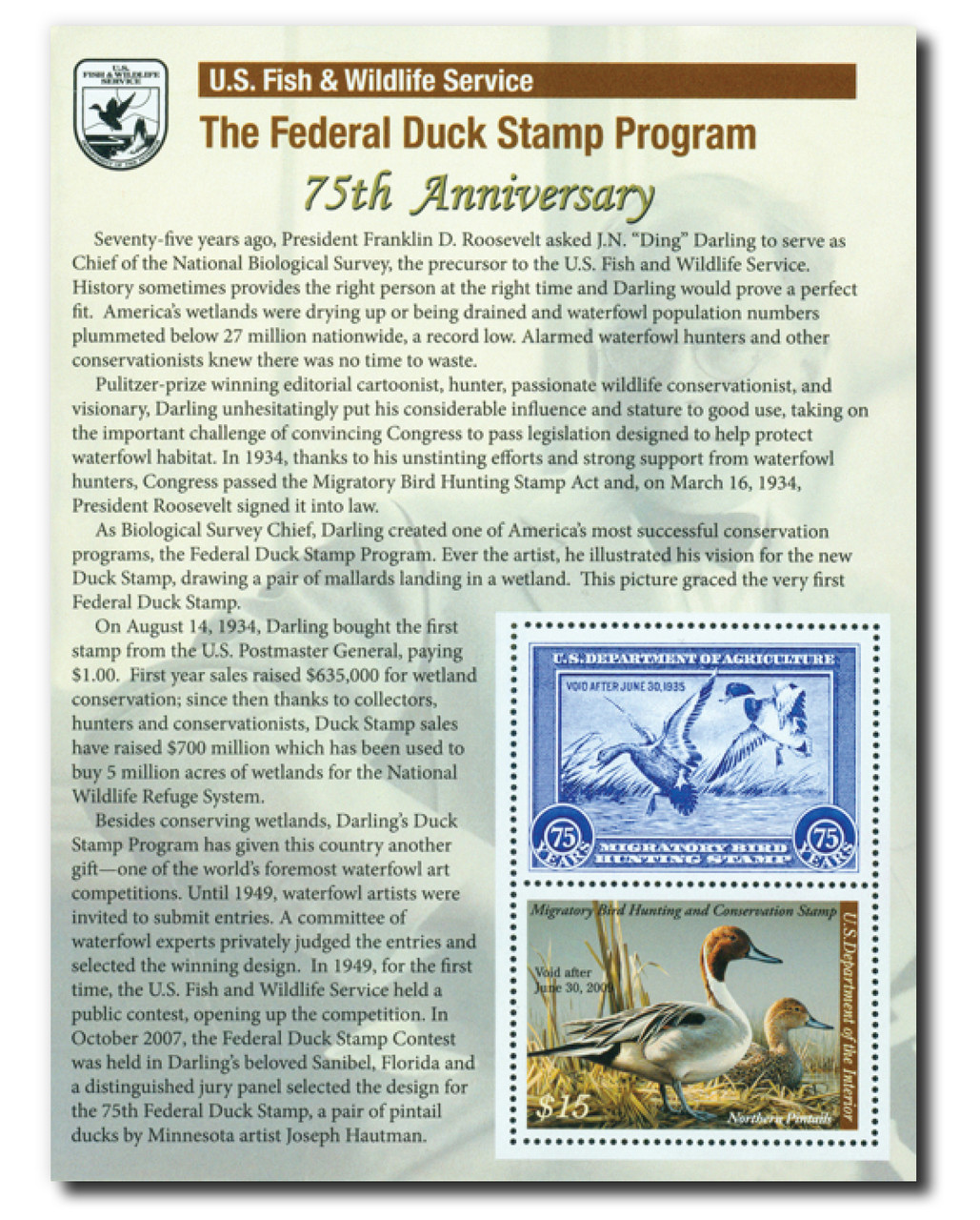 RW75th - 2008 $15.00 Federal Duck Stamp - Northern Pintails, 75th Anniversary Souvenir Sheet