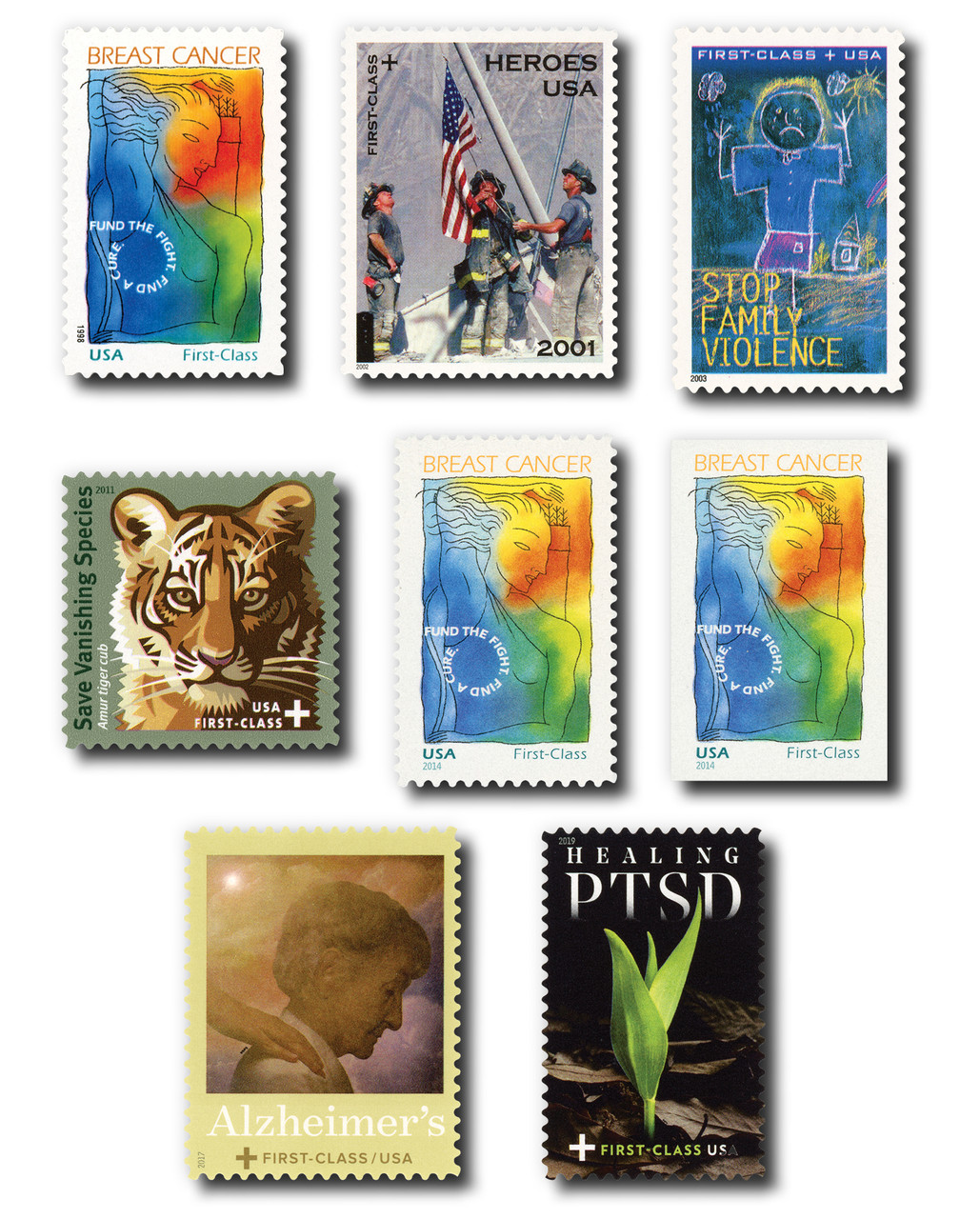 B1/7 - 1998-2019 Complete Set of U.S. Semipostals, Plus FREE 2014 Imperforate Semipostal, 8 Stamps