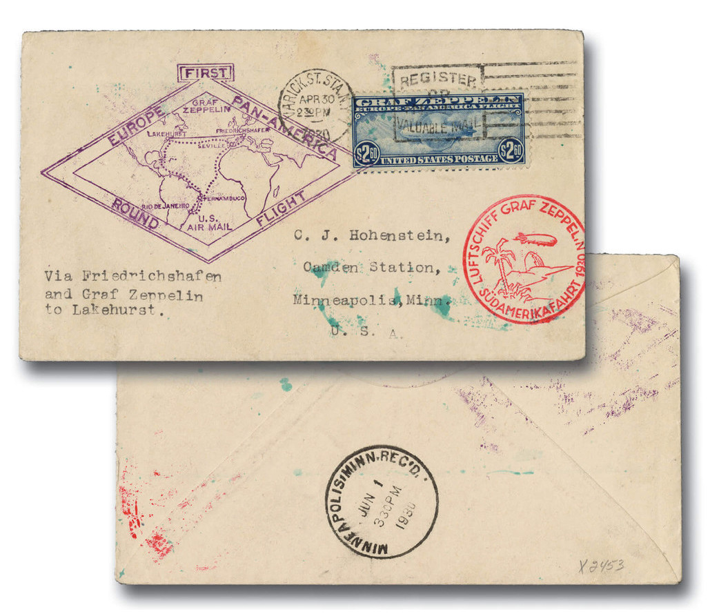 MA258 - 1930 #C15 $2.60 Graf Zeppelin on First Flight Flown Cover