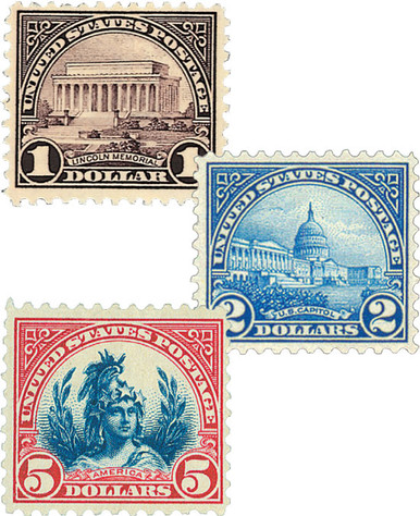 571-73 - 1923 $1-$2 & $5, Perf. 11, Set of 3 Stamps - Mystic Stamp