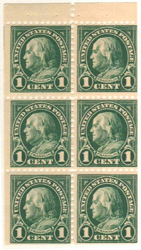552a - 1923 1c Franklin, Deep Green, Booklet Pane of 6, Perf. 11