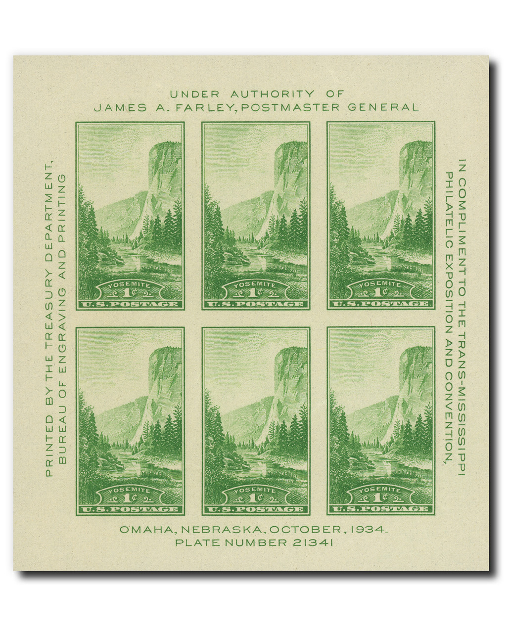 769 - 1935 1c Yosemite, California, Green, Souvenir Sheet