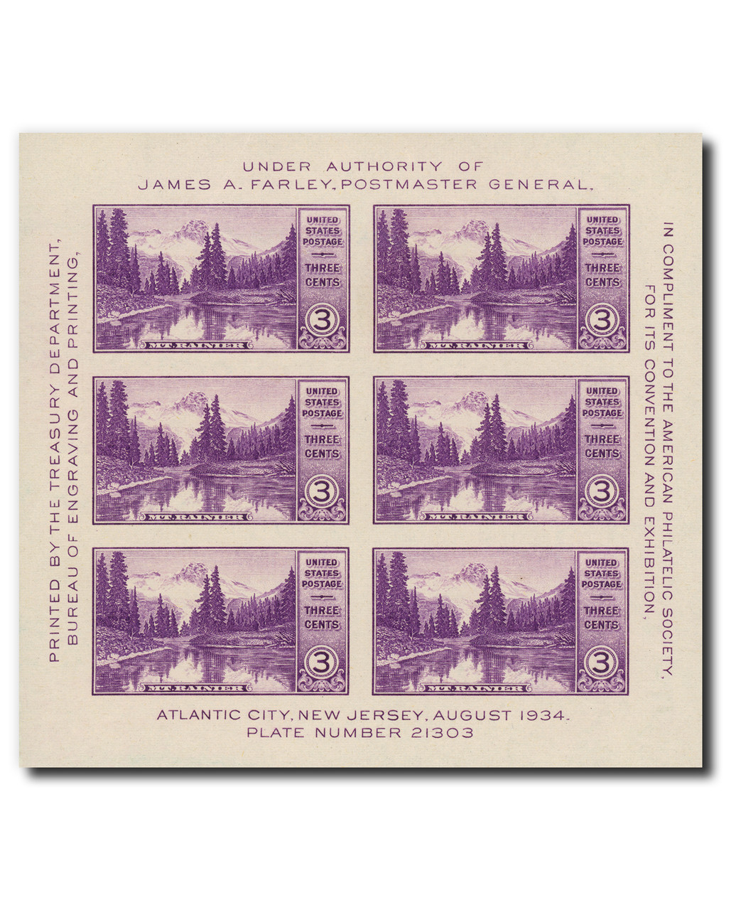 770 - 1935 3c Mt. Rainier, Washington, Deep Purple, Souvenir Sheet