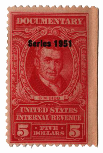 R577 - 1951 $5 U.S. Internal Revenue Stamp, Carmine - Mystic Stamp Company