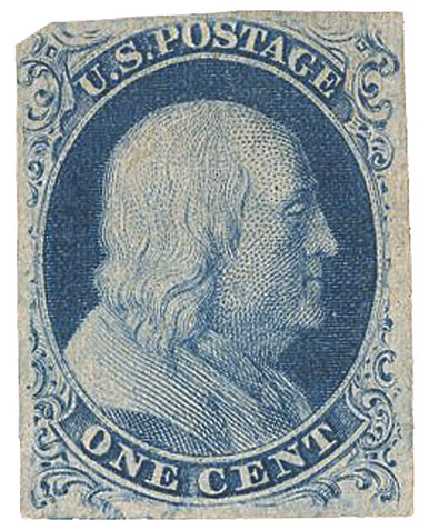 8A - 1851 1c Franklin, Blue, Type IIIa, Imperf. - Mystic Stamp Company
