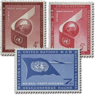 UNC5-7 - 1957-59 N.Y. Globe & Wing; Flag 4c, 5c, 7c - Mystic Stamp