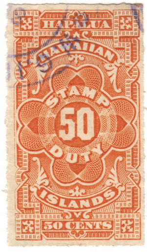 HR2 - 1877 50c Hawaii Revenue, Yellow Orange, Engraved