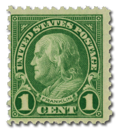 578 offer - 1923 1c Franklin, Green, Perf. 11x10 - Mystic Stamp