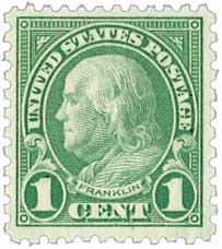 切手1 578 - 1923 1c Franklin, Green, Perf. 11x10 - Mystic Stamp Company