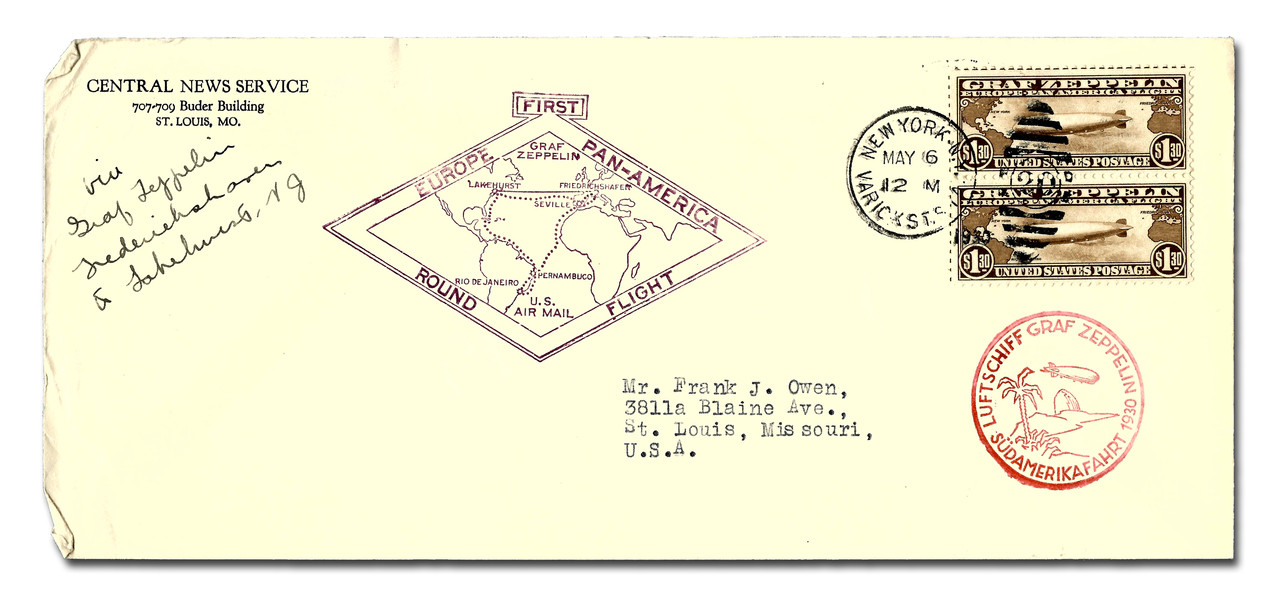 MA1515 - 1930 Two #C14 $1.30 Zeppelins on Flown Cover