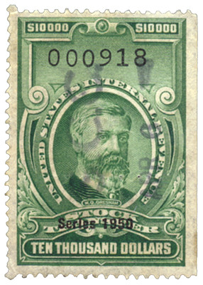 RD338 - 1950 $10,000 Stock Transfer Stamp, Bright Green, No Gum