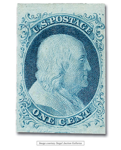 5A - 1851 1c Franklin, Blue, Type Ib, Imperf. - Mystic Stamp Company