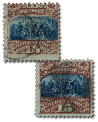 118-19 - 1869 15c Landing of Columbus, Brown and Blue, Hard Wove