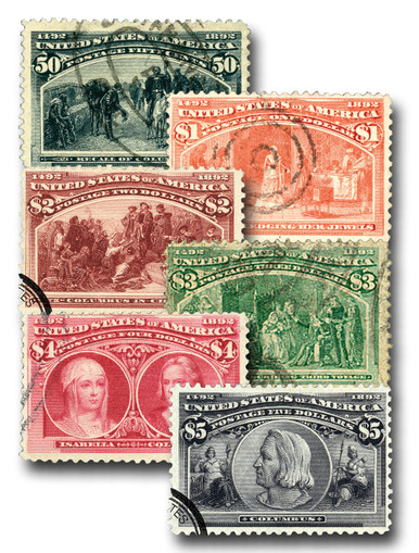 1893年 シカゴ万博 スティーブングラフ 織物 額装 コロンブス (USA) 240-45 - 1893 50c- $5 Columbian Exposition High Values, Set of 6