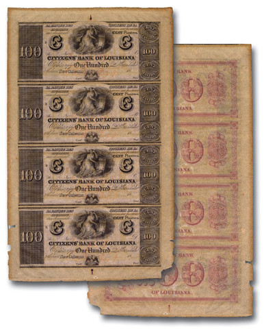 MA2041 1840-60s Citizens' Bank of Louisiana, Uncut Sheet of $100