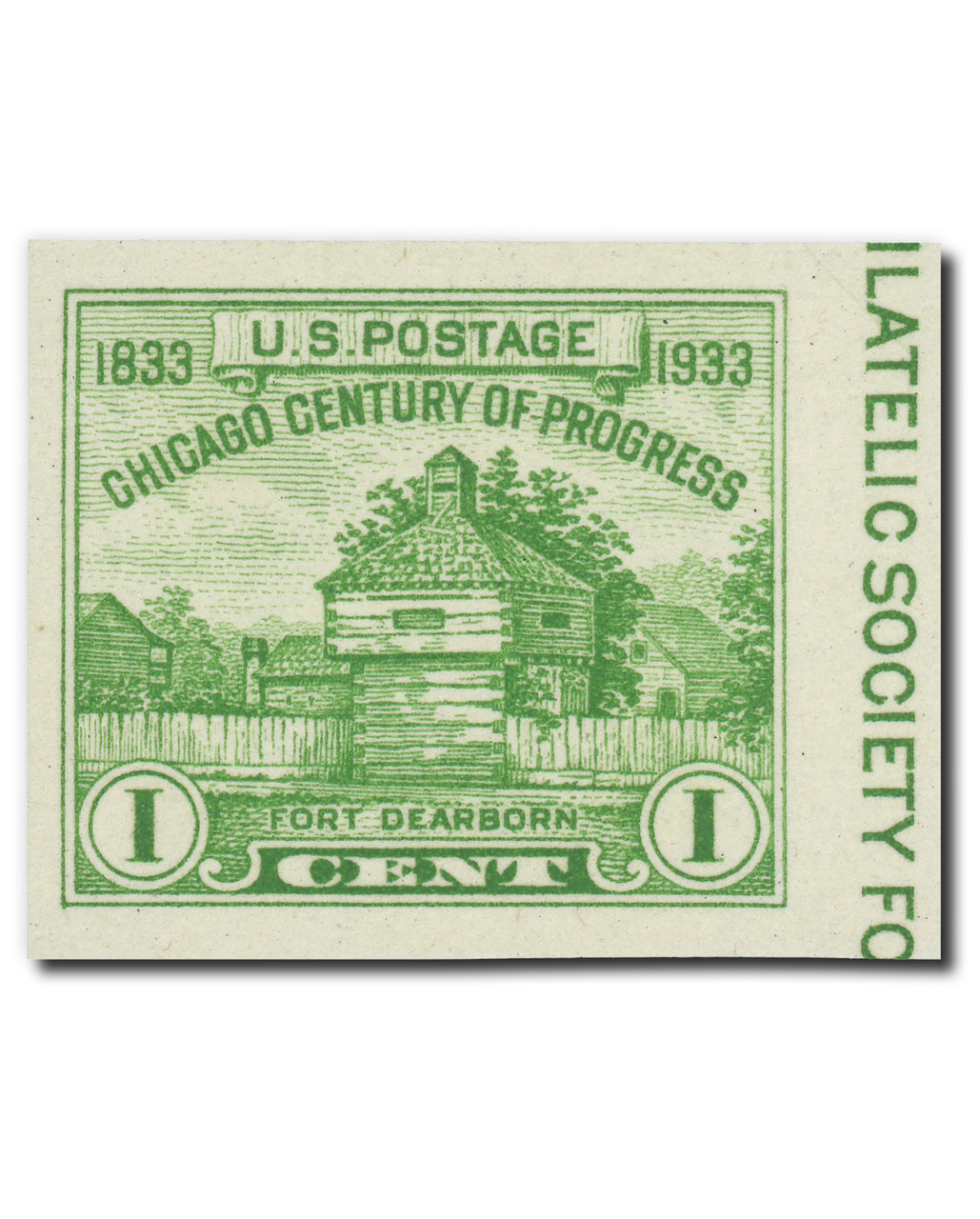 766a - 1935 1c Restoration of Fort Dearborn, Yellow Green, Single from Souvenir Sheet, Imperf.