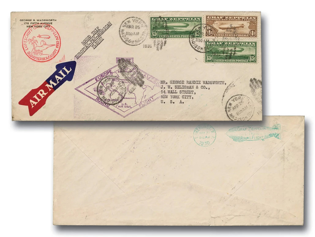 MA1803 - 1930 Two #C13 & One #C14 65c & $1.30 Zeppelins on First Flight Cover