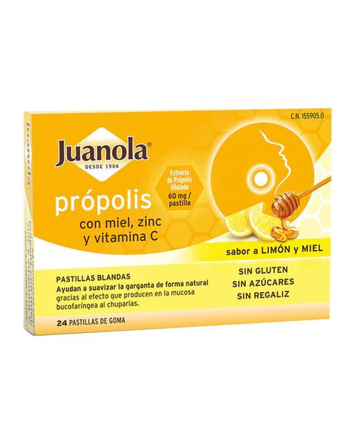 JUANOLA PROPOLIS MIEL, ZINC Y VIT C SABOR LIMON Y MIEL 24 PASTILLAS DE GOMA