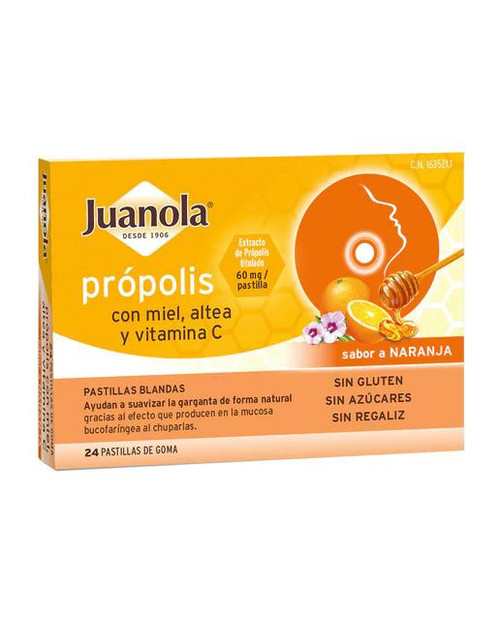 JUANOLA PROPOLIS MIEL, ALTEA Y VIT C SABOR NARANJA 24 PASTILLAS DE GOMA