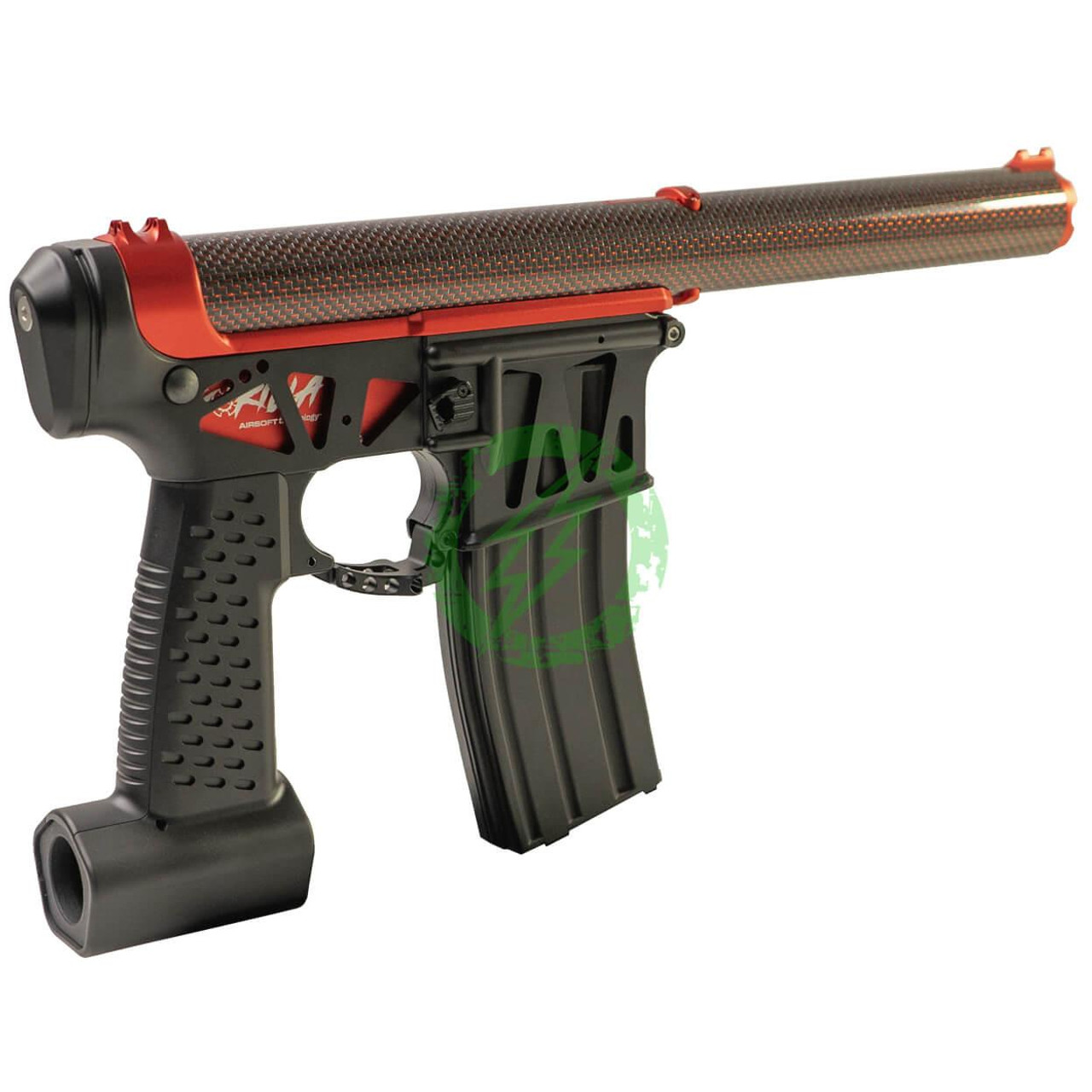 Amped Builds Amped Custom HPA Rifle | Gorilla x MAC Airsoft QCU Speed Soft Build with BKR Carbon Upper, Red CNC Parts, and Black Lower 141mm / F2 / MSG 