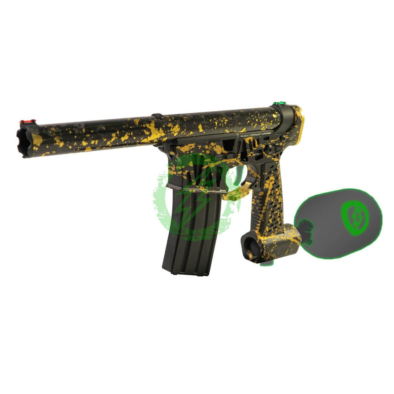 Amped Builds Amped Custom HPA Rifle | Gorilla x MAC Airsoft QCU Forged Speed Soft Build with Black Gold Splatter Forged Tube Upper, Black CNC Parts, and Black Gold Splatter Lower 141mm / F2 / MSG 