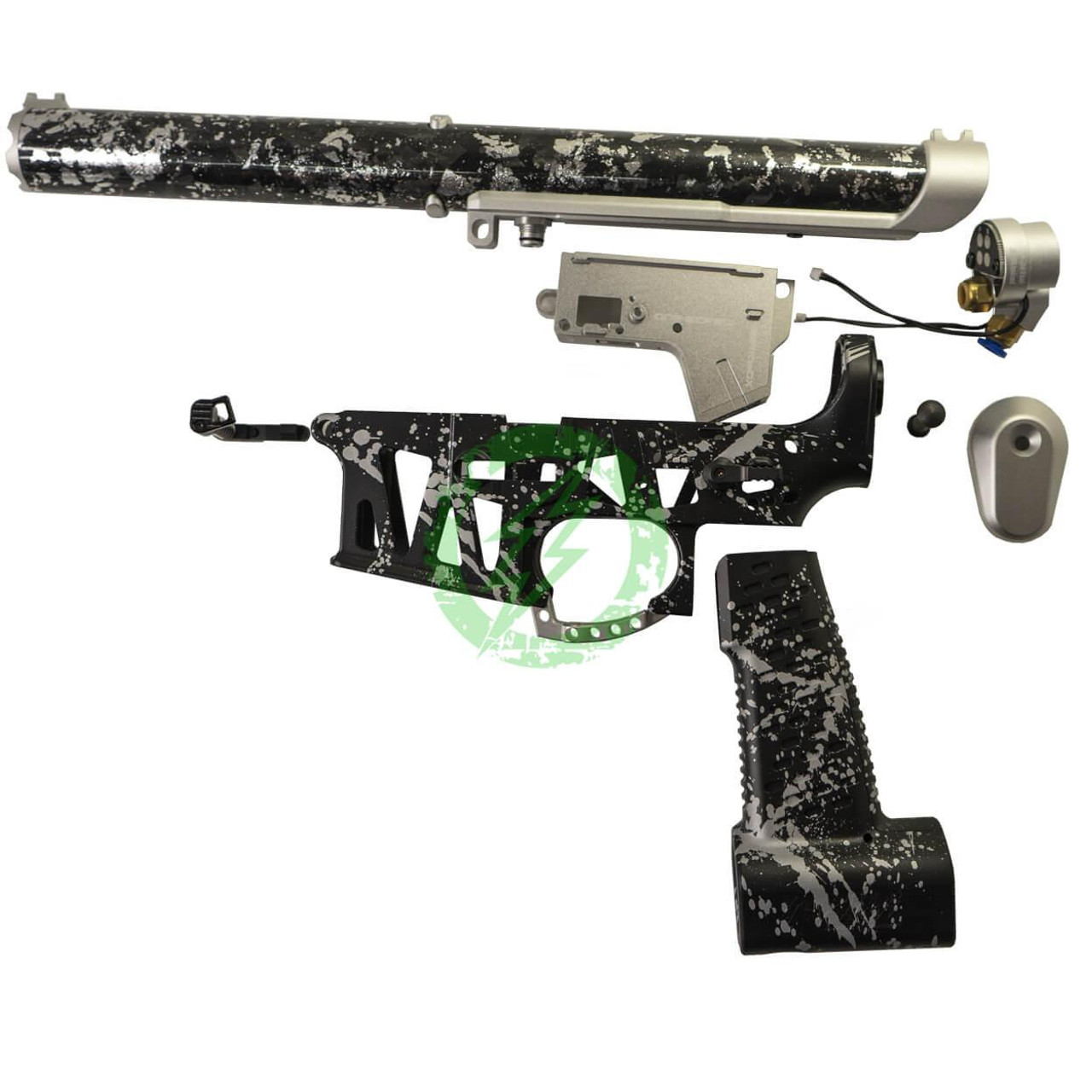 Amped Builds Amped Custom HPA Rifle | Gorilla x MAC Airsoft QCU Forged Speed Soft Build with Black Silver Splatter Forged Tube Upper, Black CNC Parts, and Black Silver Splatter Lower 141mm / F2 / MSG 