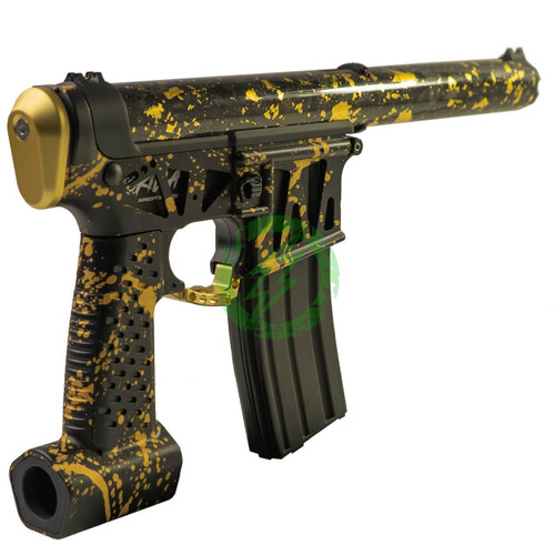 Amped Builds Amped Custom HPA Rifle | Gorilla x MAC Airsoft QCU Forged Speed Soft Build with Black Gold Splatter Forged Tube Upper, Black CNC Parts, and Black Gold Splatter Lower 141mm / F2 / MSG 