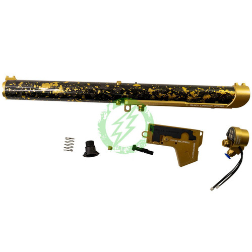 Gorilla Airsoft Technology Gorilla x MAC Airsoft QCU Forged Quick Carbon Upper Set with Black / Gold Splatter Forged Tube and Gold CNC Parts (165mm / External Tracer Mounting / F2) 