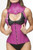 Vue de face du corset serre-taille en cuir rose avec fermeture busk à crochets et collier de posture haut. Vue de face du corset serre-taille en cuir rose avec fermeture busk à crochets et collier de posture haut.