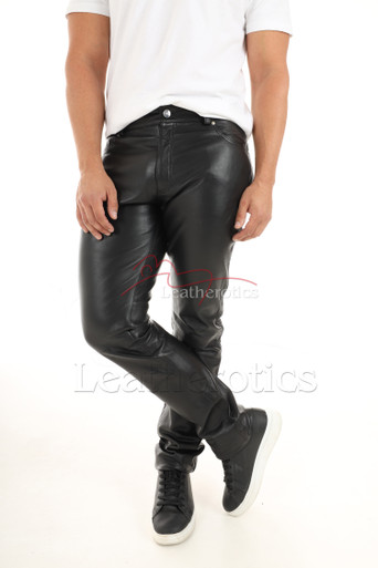 Pantalon En Cuir Véritable Vintage - Taille 38 - Noir - Style Motard Rétro - Occasion Très Bon état