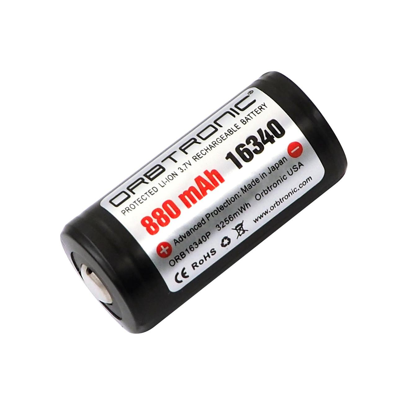 16340 Battery Rechargeable (RCR123) Protected 880mAh Li-ion 3.7V - Orbtronic