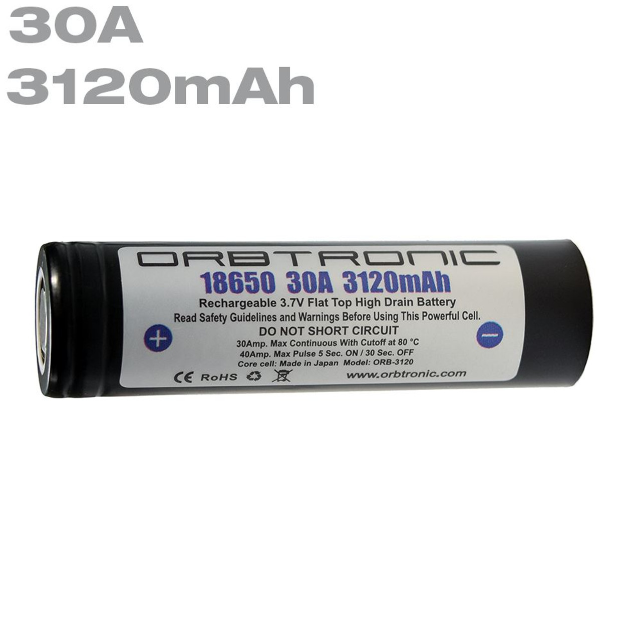 30A 18650 3120mAh (Rechargeable) Battery Flat Top Orbtronic