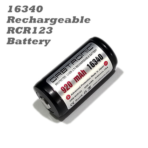 RCR123A Battery 16340 Protected Li-ion Rechargeable 3.7V 920 mAh Button top Orbtronic 