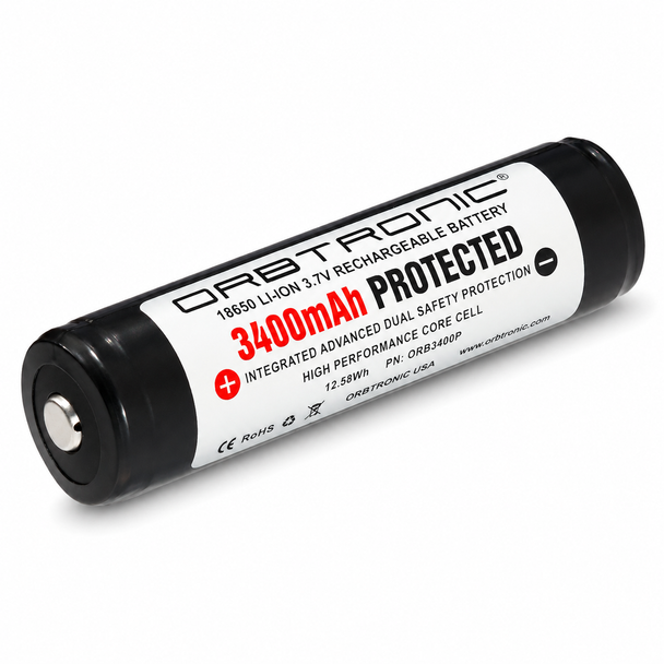 18650 3400mAh Protected Battery Rechargeable Lithium-ion 3.7V Orbtronic Button Top (Core Cell: Panasonic-Sanyo)
