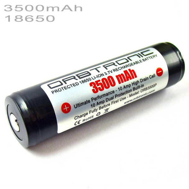 3500mAh Protected 18650 Battery Li-ion 3.7V Rechargeable Orbtronic 10A Dual Protection Button Top