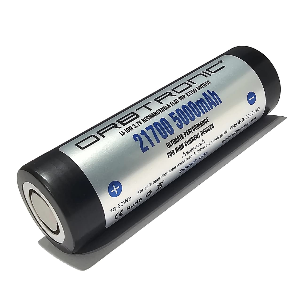 21700 Flat Top High Drain Li-ion 3.7V Unprotected Battery 5000mAh Orbtronic