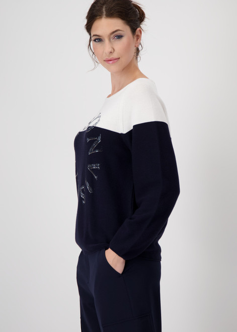 MONARI Blue Colour Block Jumper With Purl Stitch Pattern | 409242