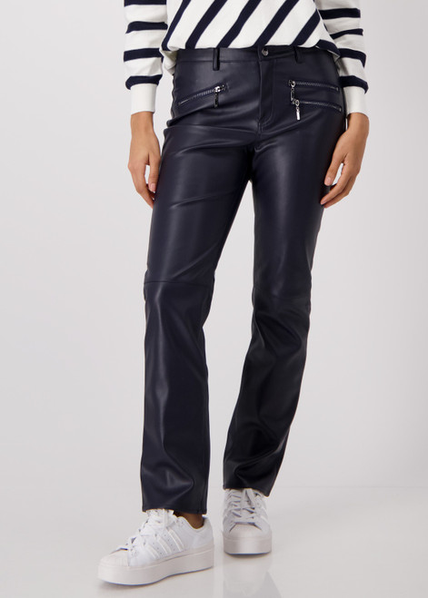 MONARI Blue Straight Cut Imitation Leather Trousers | 409040