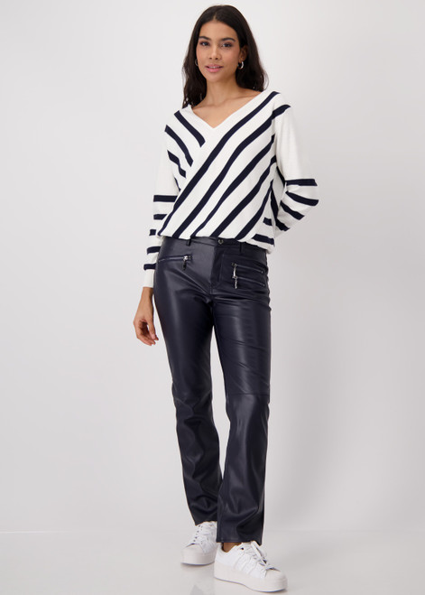 MONARI Blue Straight Cut Imitation Leather Trousers | 409040