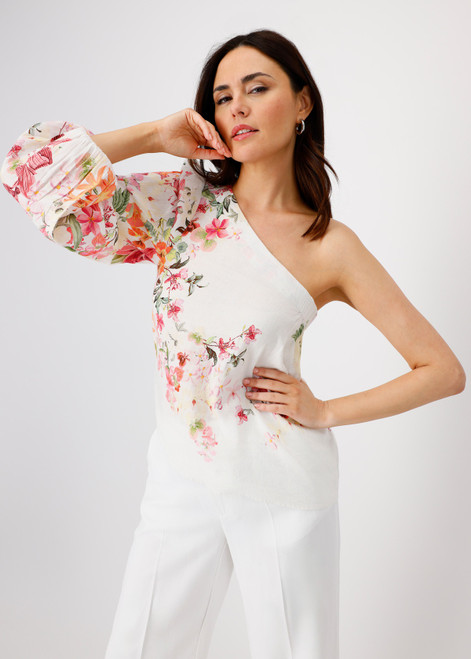 MONARI White One-Shoulder Blouse With Floral Pattern | 409907