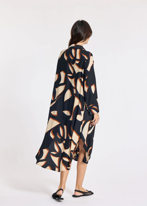 LAUREN VIDAL Graphic Long Loose Viscose Dress With Shirt Collar And V-Neck Pleat | CELIA