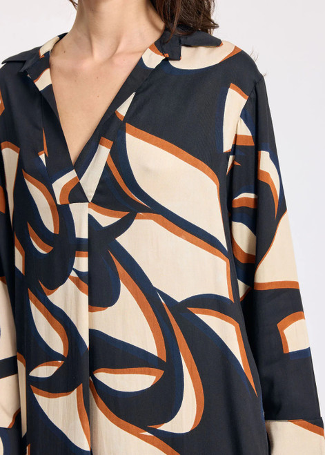 LAUREN VIDAL Graphic Long Loose Viscose Dress With Shirt Collar And V-Neck Pleat | CELIA