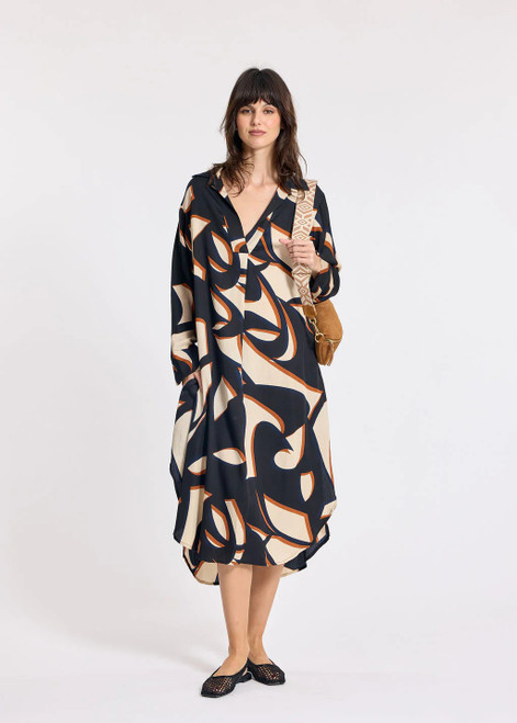 LAUREN VIDAL Graphic Long Loose Viscose Dress With Shirt Collar And V-Neck Pleat | CELIA