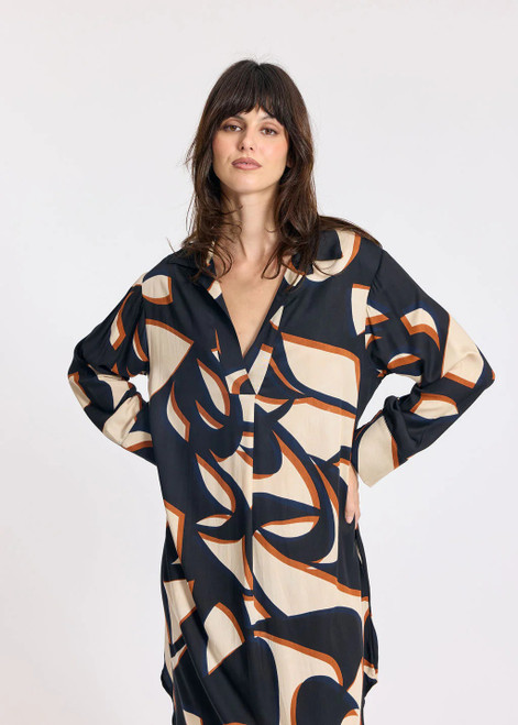LAUREN VIDAL Graphic Long Loose Viscose Dress With Shirt Collar And V-Neck Pleat | CELIA
