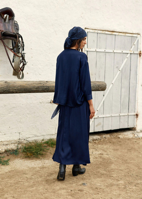 LAUREN VIDAL Eclipse Long Flared Viscose Skirt, Flat Front Waistband, Elastic Back, Flowing Silhouette.