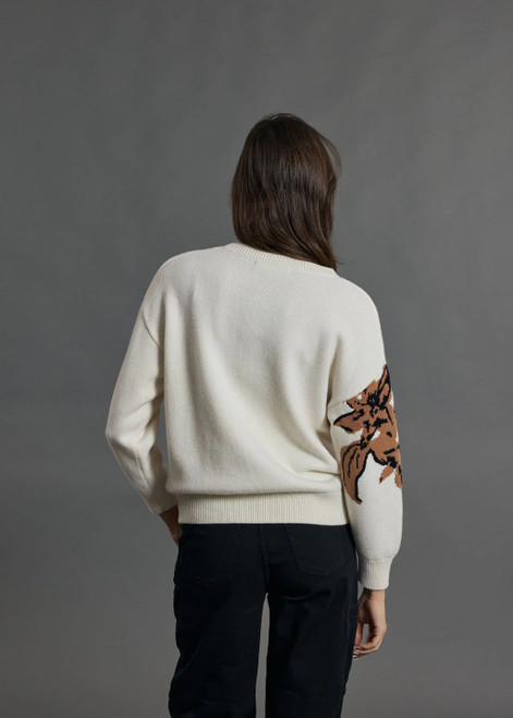 LAUREN VIDAL Soft Knit Sweater In Ivory With Bold Floral Jacquard Sleeves