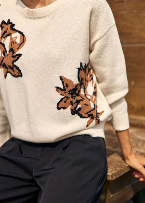 LAUREN VIDAL Soft Knit Sweater In Ivory With Bold Floral Jacquard Sleeves