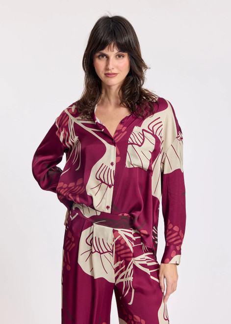 LAUREN VIDAL Raspberry Plant Print Viscose Shirt With Tone-On-Tone Buttons | DINA
